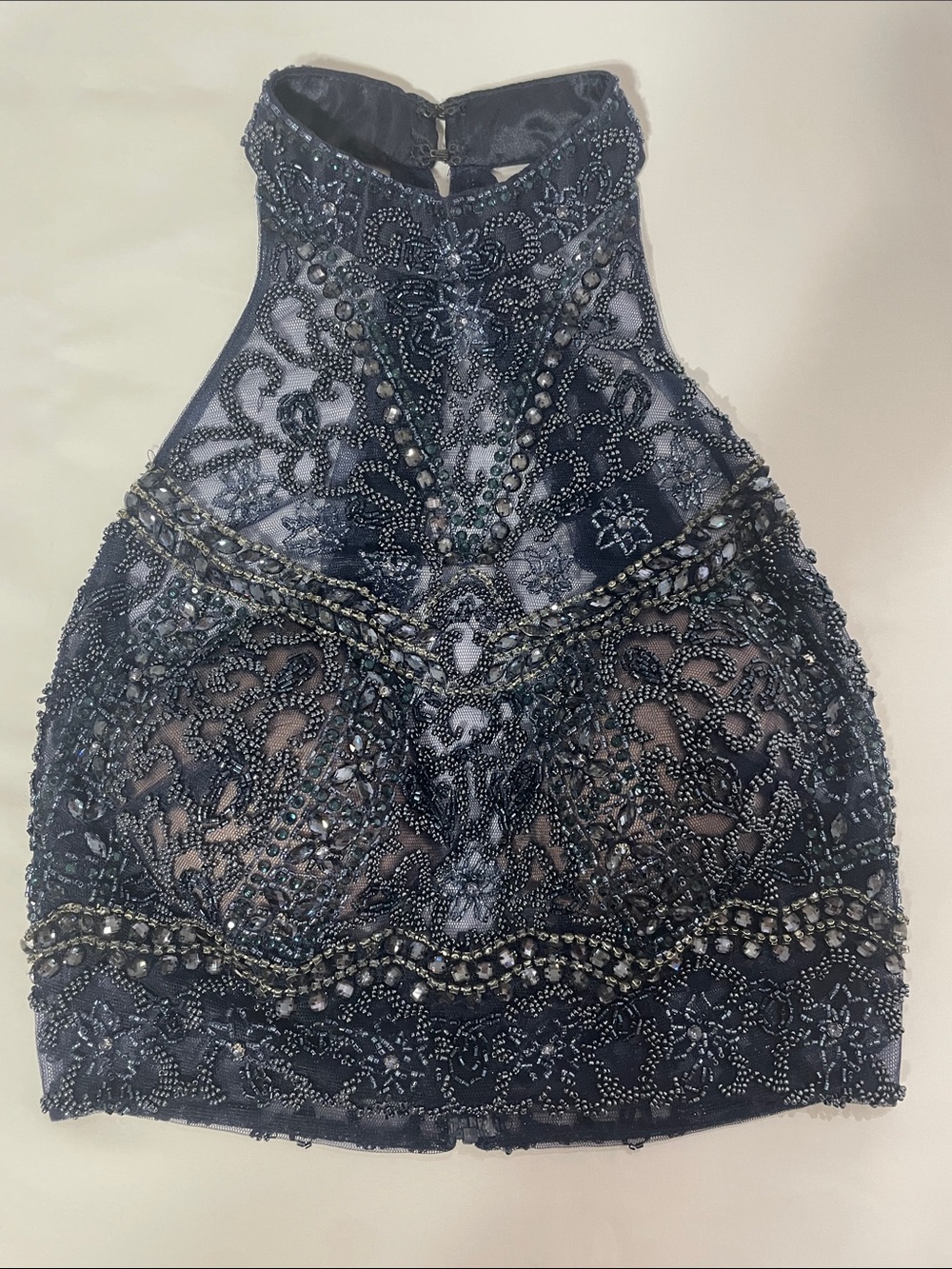 Embellished Navy Lace High-Neck Crop Top